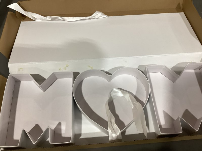 Condition photo showing Good Condition for shenghe empty mom letter shaped gift box mother's day paperboard sweet flower chocolate packaging (m heart m, white) white m heart m