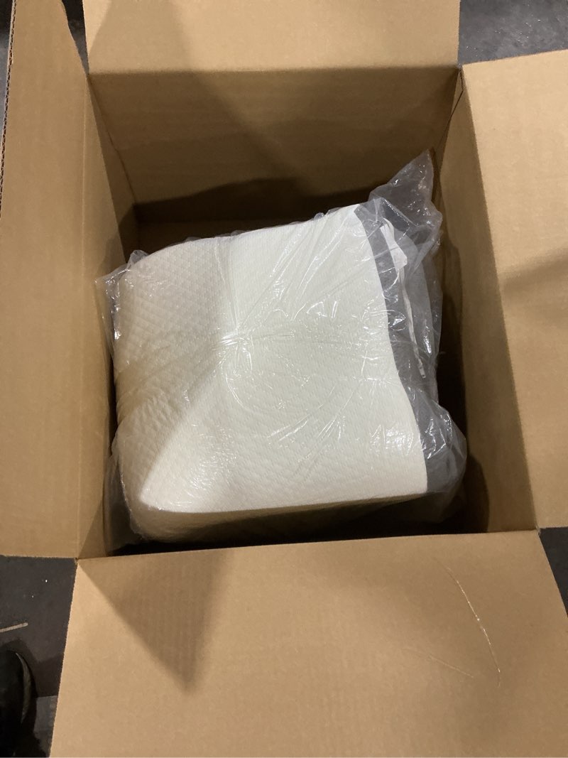 Condition photo showing As Is for Bedluxe Knee Pillow for Back Sleeping, Leg Pillow Knee Wedge Pillow, Memory Foam Wedge Pillows for Legs Post Surgery, Triangle Pillow for Knee Support, Leg Elevation, Knees Hip Back Pain Relief, White 23.6*18.9*7.9 Inch White/Grey