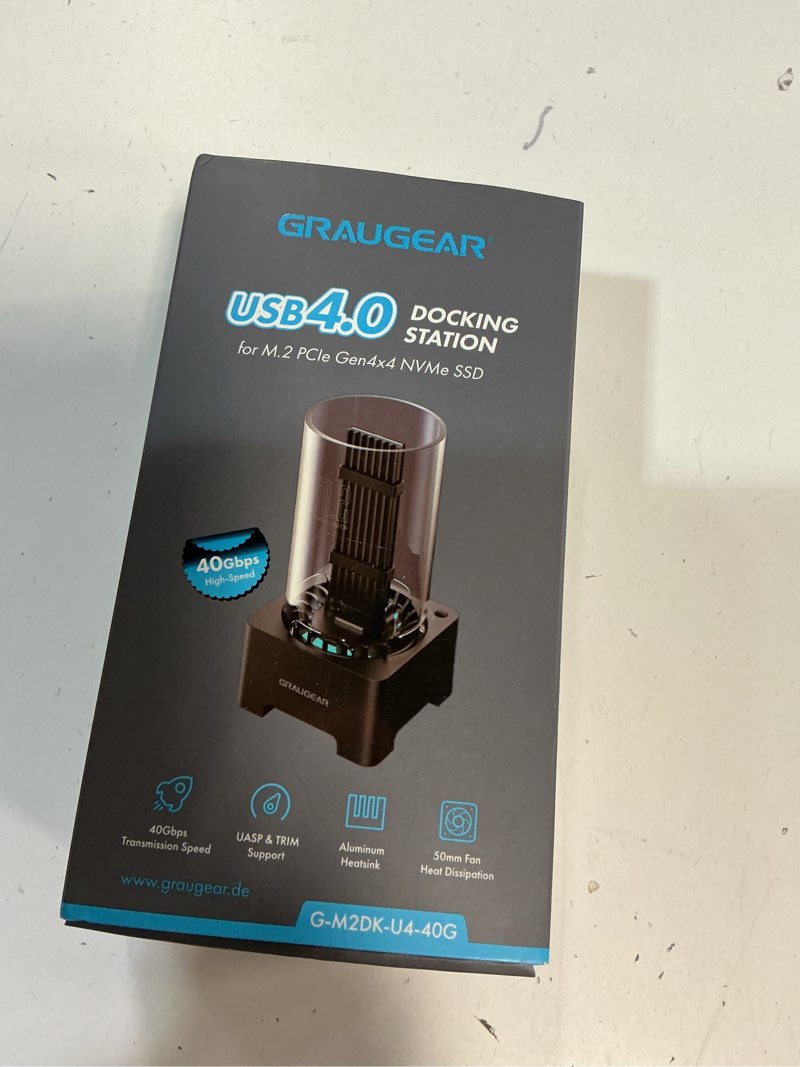 Condition photo showing New/Like New for GRAUGEAR 40Gbps M.2 NVMe SSD Enclosure Docking Station, USB4 External Docking Base with Cooling Fan, UASP Trim Support, Compatible with Thunderbolt 4/3, ASM2464PD Chip [G-M2DK-U4-40G]