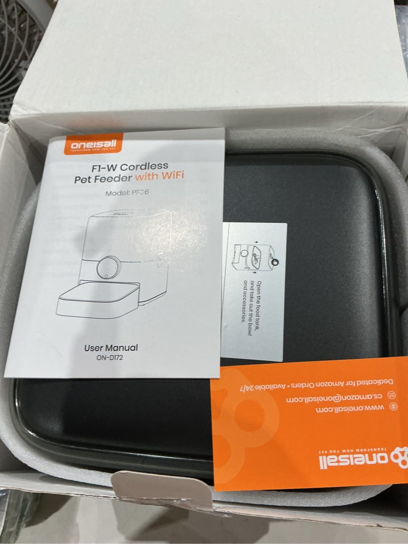 Condition photo showing New/Like New for oneisall automatic cat feeder, wifi rechargeable 100-day battery operated pet feeder, 12 cups/3l dry food dispenser for large kibble, smart app control (black)