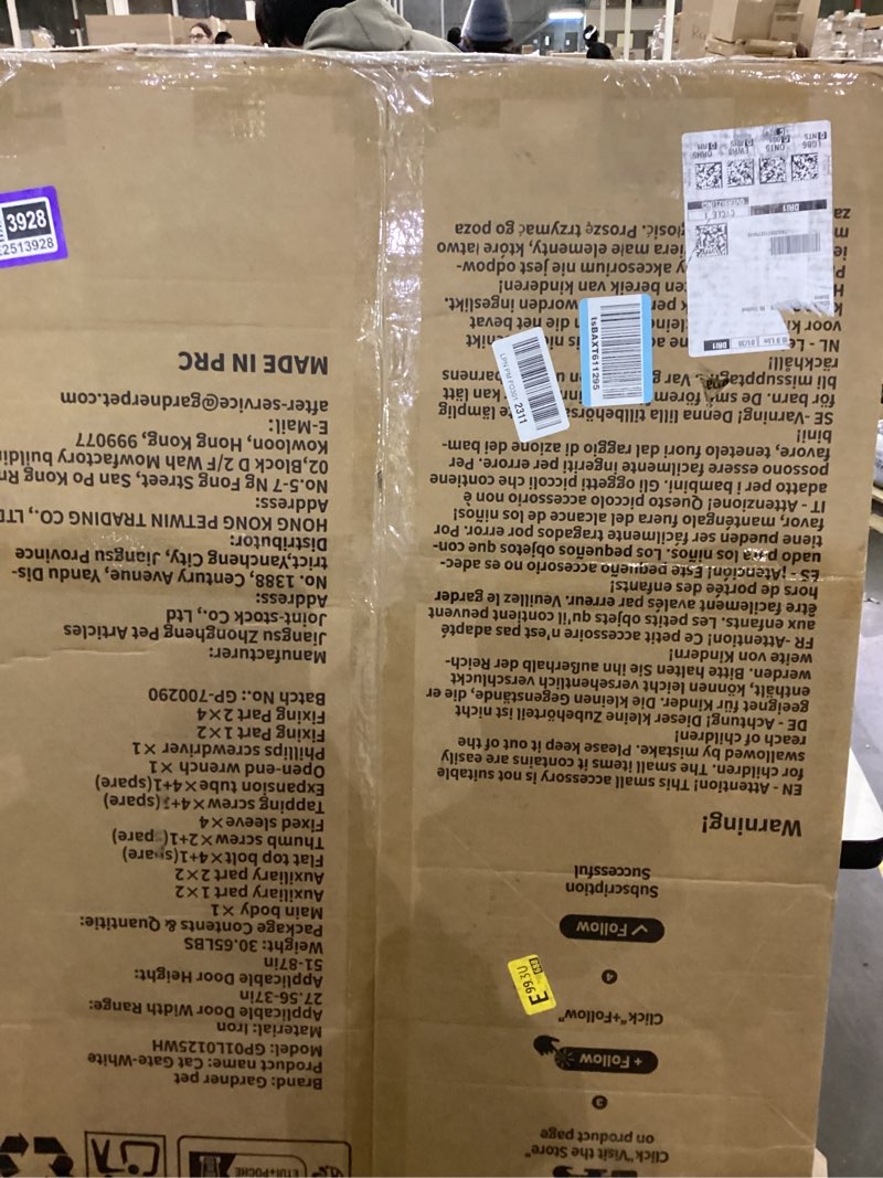 Condition photo showing As Is for Gardner Pet 51"-87" Extra Tall Cat Gate for Doorway, Wide Adjustable 27.56"-37" Baby Gate Included 4 Extension Kits, Pressure Mounted Safety Full Door Gate for Stairs, Studio, Kitchen (White) White 51-87"/130-220cm