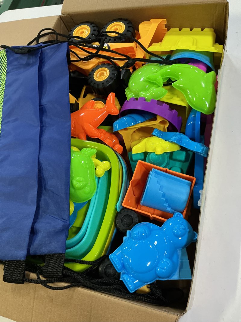 Condition photo showing Good Condition for beach toys, sand toys for kids boys and girls with 4 beach construction vehicles, 4 collapsible bucket, sand castle building kit, sand molds, mesh bag, outdoor toys for kids ages 4-8