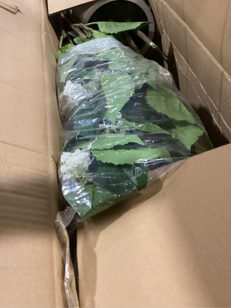 Condition photo showing As Is for 6 ft artificial hydrangea tree- large faux hydrangea plants indoor outdoor?fake flower trees with white tall planter for home garden,front decor white hydrangea tree 6ft