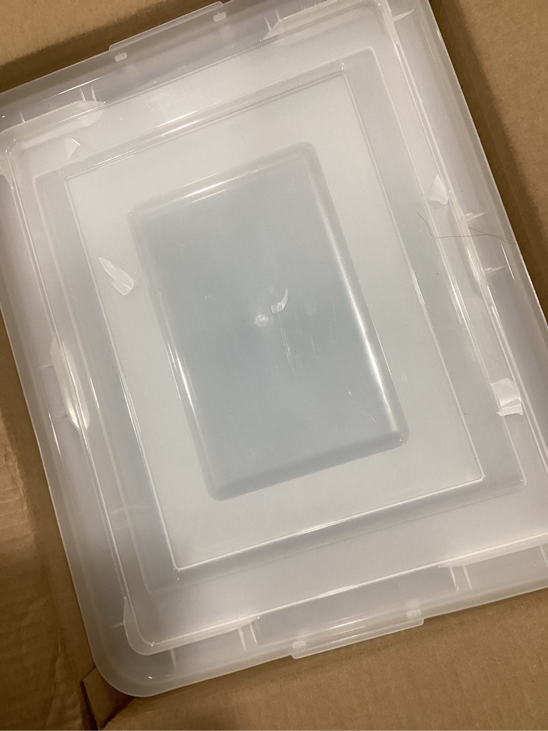 Condition photo showing Good Condition for IRIS USA File Box, Plastic File Organizer with Lids for Letter/Legal File, Portable Document Box For Moving, Storage Bin with Durable and Secure Lid, Stackable Nestable BPA-Free, Clear 35 Qt. 4 Pack Clear - 4 Pack