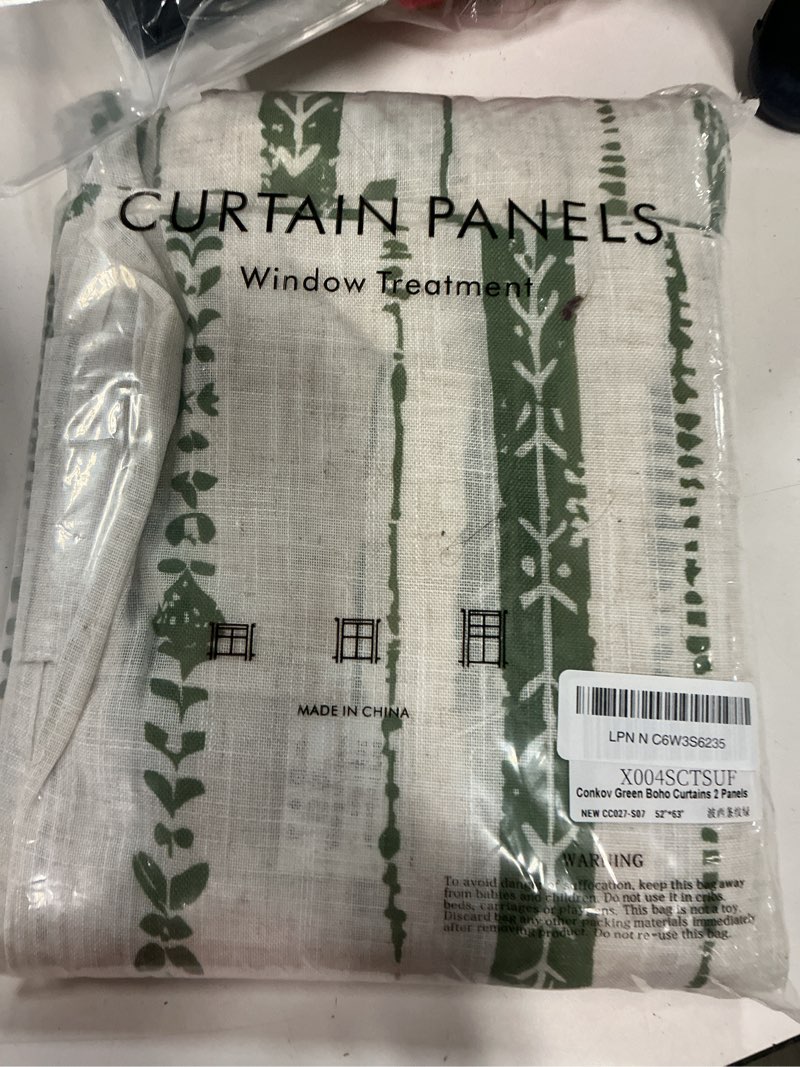 Condition photo showing As Is for green boho curtains for living room 63 inch length 2 panels set,vintage farmhouse semi privacy linen curtains,rustic country drapes with bohemian line printed for dining room, w52 x l63 52"w x 63"l (pack of 2) green
