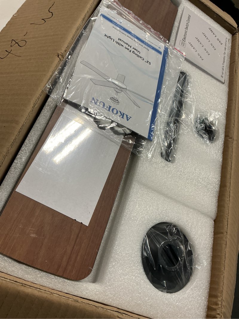 Condition photo showing New/Like New for akofun ceiling fans with lights and remote, low profile ceiling fan with light, app, 6 speed, dimmable, dc motor, quiet, timer, flush mount modern ceiling fan for bedroom living room (52 inch, black) black 52 inch