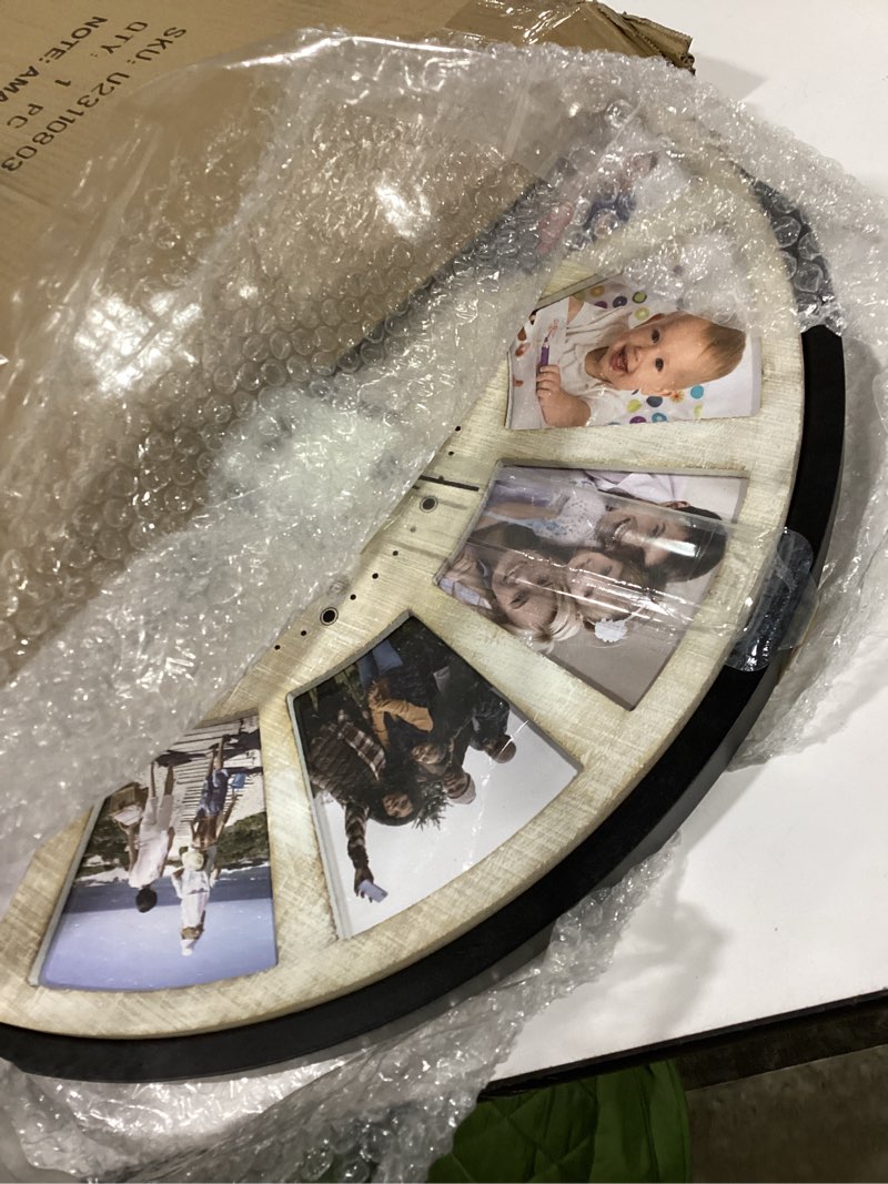 Condition photo showing Good Condition for 12 Picture Frames Collage Wall Clock, Vintage Rustic Family Photo Clock, Large Farmhouse Wall Clocks for Living Room, Home, Kitchen, Silent Battery Operated 24 Inch Natural A - Natural