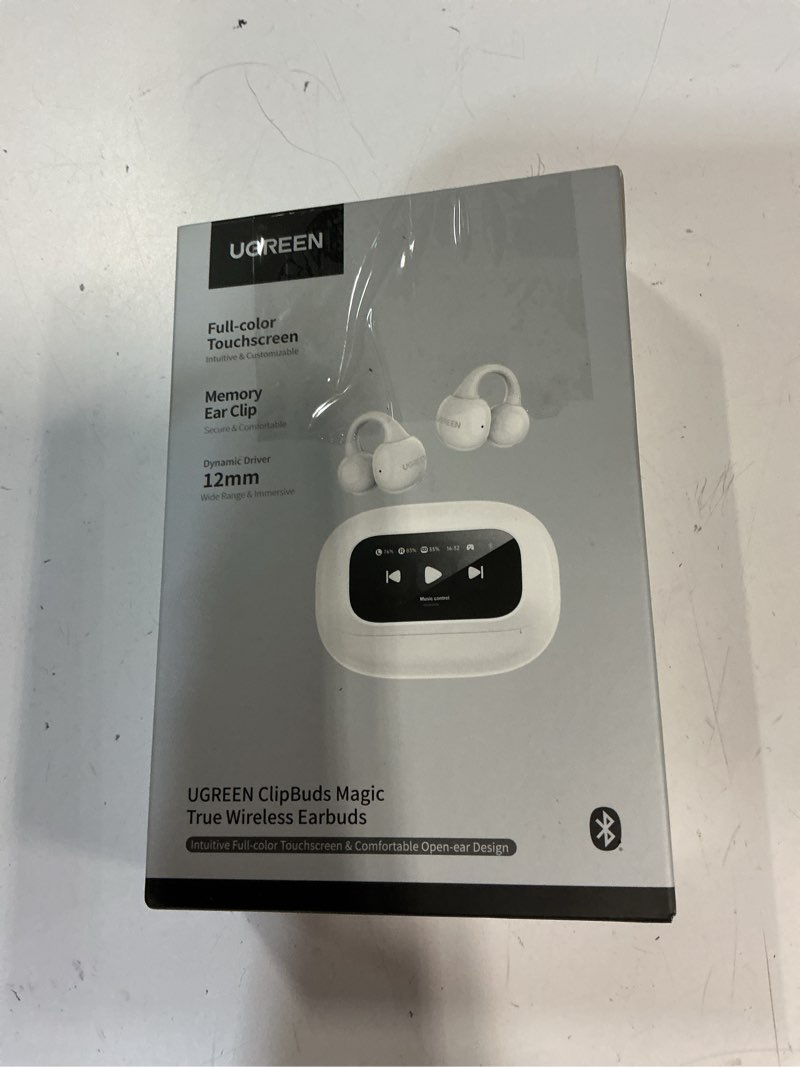 Condition photo showing New/Like New for ugreen s6 magic clip-type earbuds, open-ear earbuds, with lcd smart display, open-ear type, bluetooth 5.4 0.5 inch (12 mm) drivers, total 30 hours playback, dnn noise canceling