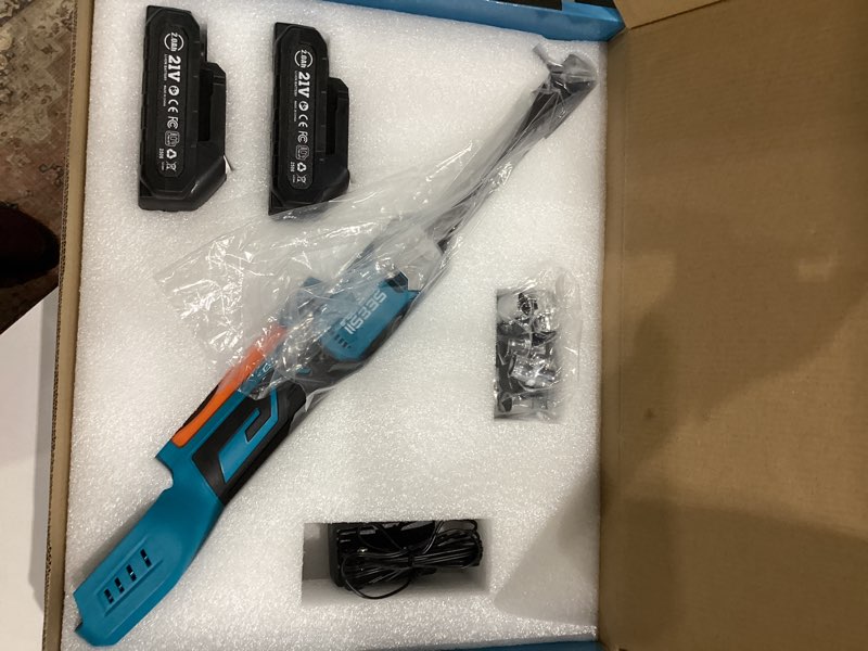 Condition photo showing Good Condition for cordless electric ratchet wrench 3/8", 6" extended neck, 3-speed adjustable, 74 ft-lbs max torque, 21v power brushless ratchet with 2×2.0ah batteries & fast charger, 8 sockets, 1/4"& 1/2" adapter extended 6 inch