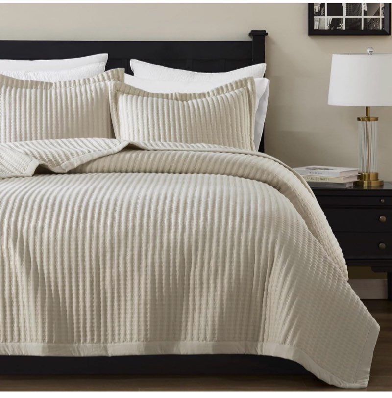 wdcozy beige queen size quilt set, striped pick stitch lightweight bedspread, soft channel farmhouse