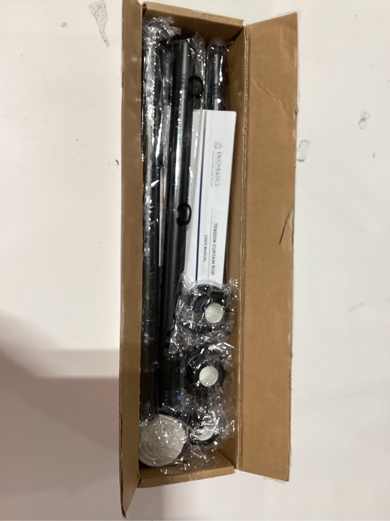 Condition photo showing New/Like New for enjoybasics 2 pack adjustable spring tension curtain rods 32 to 78 inches, stainless steel matte black shower rod no drilling for window, bathroom, closet, room divider, 7/8" diameter black 32-78"