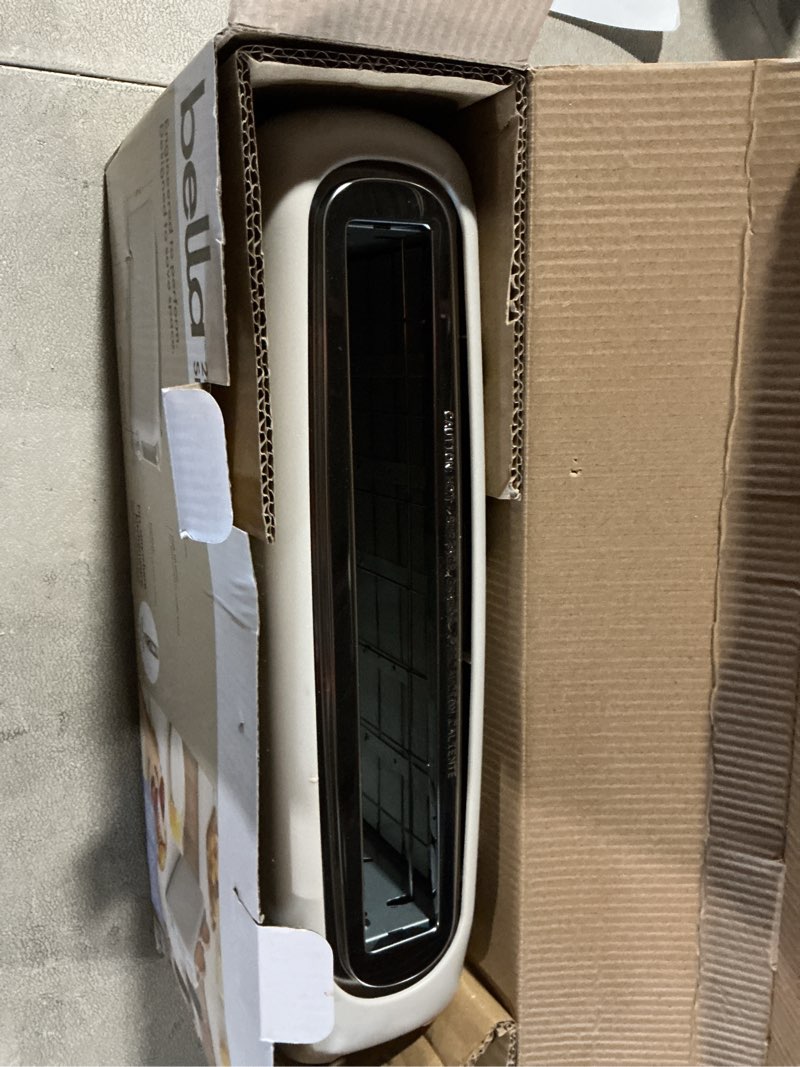 Condition photo showing As Is for bella 2 Slice Slim Toaster, Fits-anywhere™ Kitchenware, 6 Setting Shade Control with Reheat & Cancel Buttons, Fits sourdough, 10” Long Slot, Anti Jam & Auto Shutoff, 900 Watt, Oatmilk 2 Slice Oatmilk
