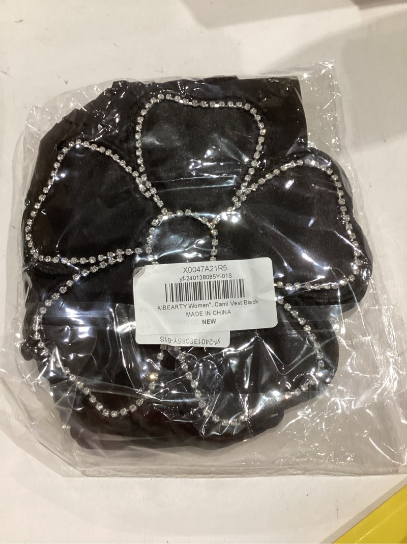 Condition photo showing New/Like New for AIBEARTY Women's Floral Appliques Spaghetti Strap Crop Tops Sexy Hollow Out Backless Lace Up Short Cami Vest X-Small Black