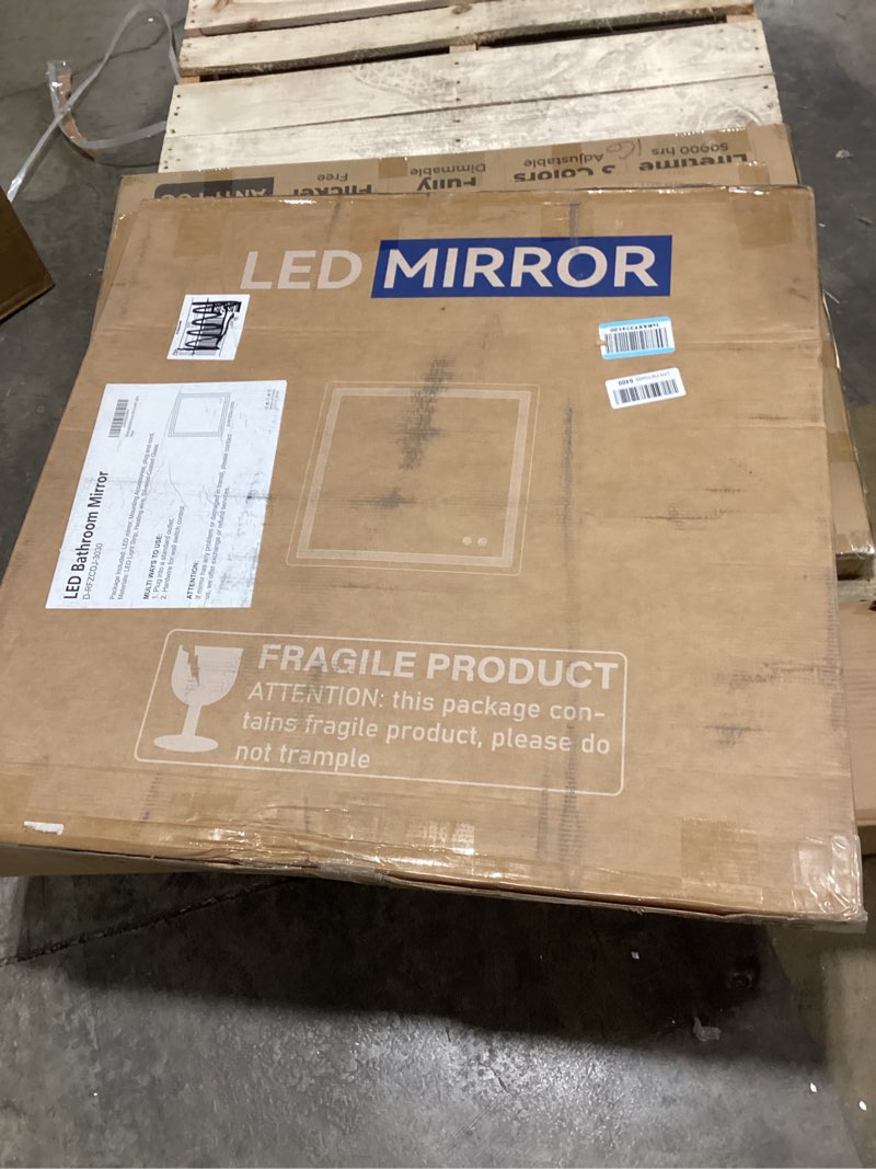 Condition photo showing Good Condition for delma led bathroom mirror with lights, 30x30 vanity mirror for bathroom wall, anti-fog, dimmable, front lit & backlit, memory function, shatterproof tempered glass, 3 color modes(horizontal/vertical) 3 light modes 30"l x 30"w