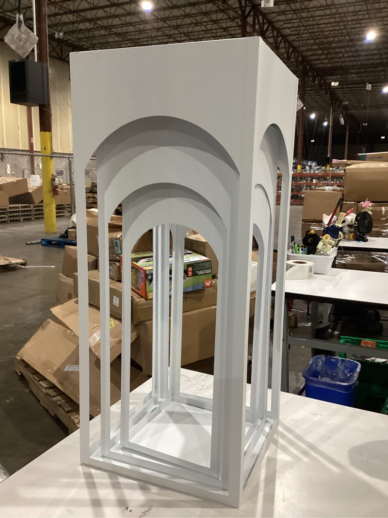 Condition photo showing Good Condition for 3pcs square pedestal stands for parties, metal display pillars pedestals stand square tall pedestal cake stands pillars flower display rack decorations for wedding birthday banquet anniversary (white b)