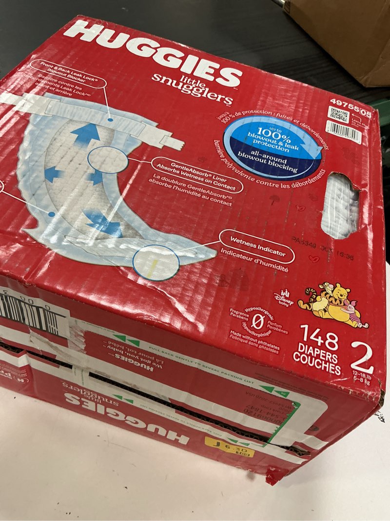 Condition photo showing New/Like New for huggies size 2 diapers, little snugglers baby diapers, size 2 (12-18 lbs), 148 count, packaging may vary size 2 148