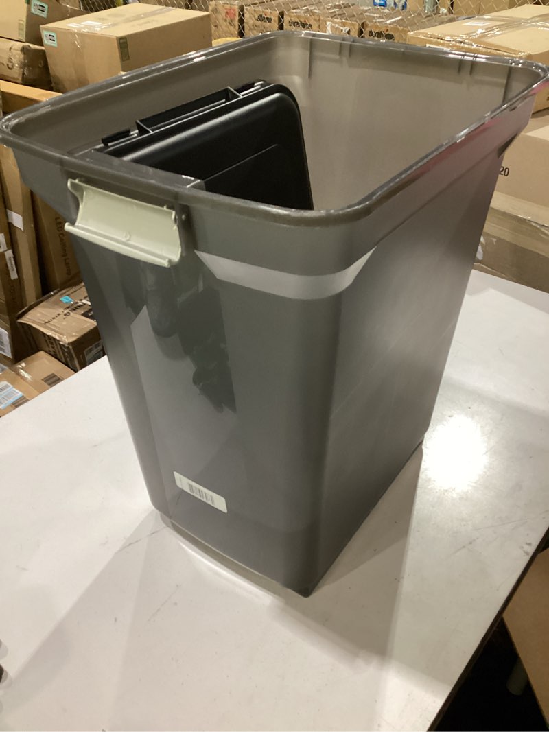 Condition photo showing New/Like New for iris usa dog food storage container 58 lb, airtight large pet food storage bin with wheels, for dog cat bird chicken food, holds up to 58 lbs, keep fresh, bpa free, made in usa, black 58 lbs smoke