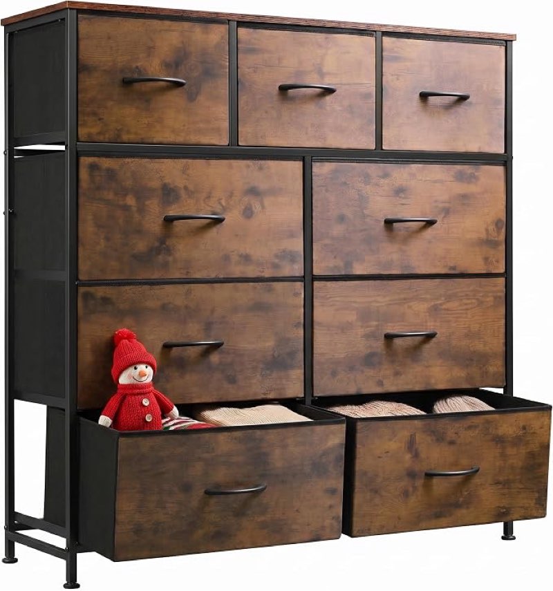 wlive tall dresser for bedroom, 9 drawer chest of drawers, rustic brown | 9 roomy fabric drawers, tall storage design, bedroom or closet use, sturdy steel frame, smooth wood tabletop