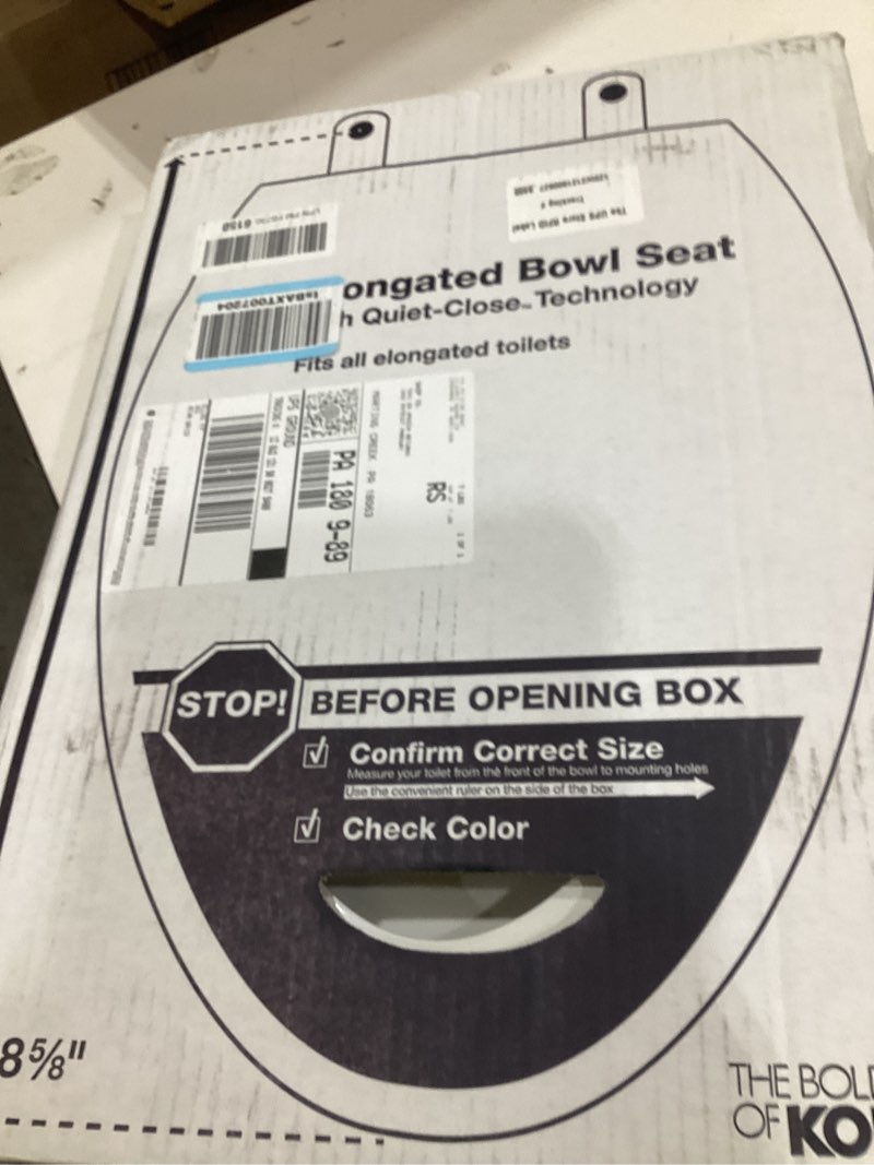 Condition photo showing New/Like New for kohler stonewood quiet-close, elongated toilet seat soft close, durable wood, easy installation, universal fit, home essentials, white finish, k-20466-0 white elongated double-hinge