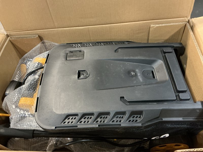 Condition photo showing As Is for 40v cordless lawn mower compatible with dewalt 2x20v max battery, 14 inch electric lawn mower with 35l grass bag, 6-position height adjustment, foldable push mower for yard (tool only) yellow
