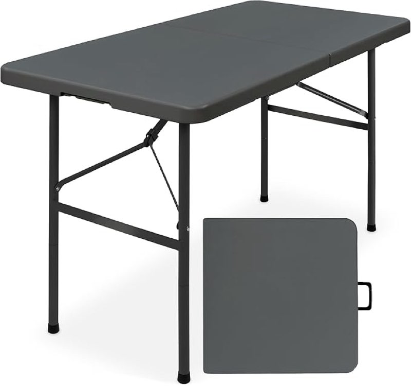 Condition photo showing As Is for 4ft Plastic Folding Table, Indoor Outdoor Heavy Duty Portable w/Handle, Lock for Picnic, Party, Camping - Dark Gray