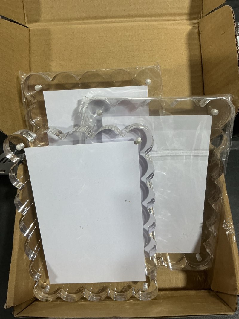 Condition photo showing New/Like New for 3 Pack Acrylic Picture Frame. 4x6inch Magnetic Picture Frames, Double Sided,10+10mm Thick Block, Clear Photo Scalloped Frames Freestanding for Desktop Display 3Pack 4X6