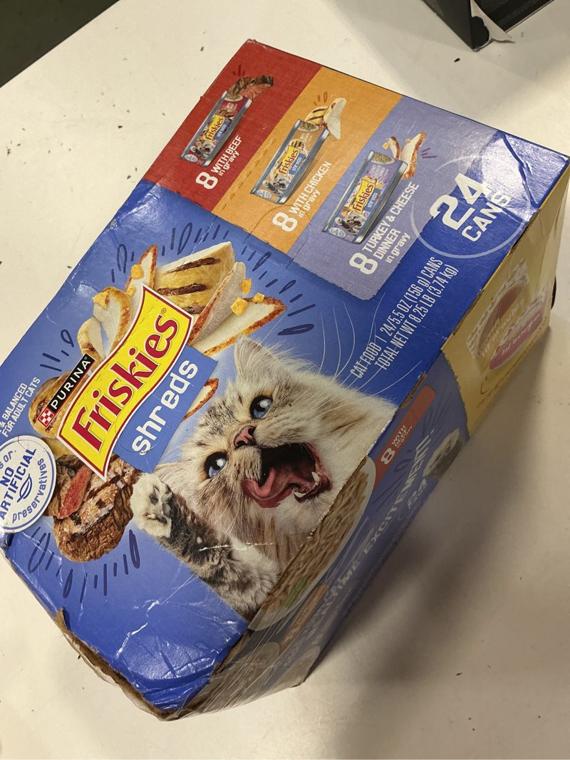 Condition photo showing New/Like New for (Best by AUG/2027) Purina Friskies Gravy Wet Cat Food Variety Pack, Shreds With Beef, With Chicken, and Turkey and Cheese Dinner - (Pack of 24) 5.5 oz. Cans