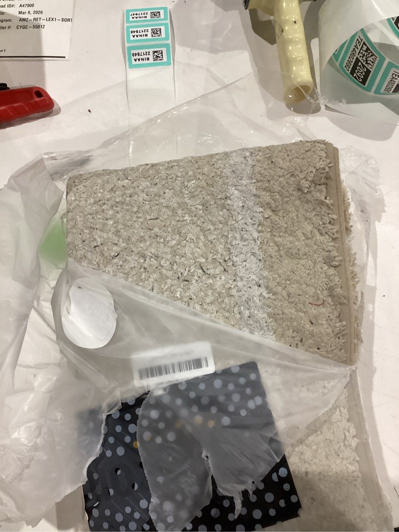 Condition photo showing As Is for pauwer 3 pieces bathroom rugs sets, microfiber shaggy bath mat set, ultra soft non-slip rug with u shaped toilet for bathroom, tub, shower washable carpets set,beige beige 18"x26"+18"x48"+u shape 20"x24"