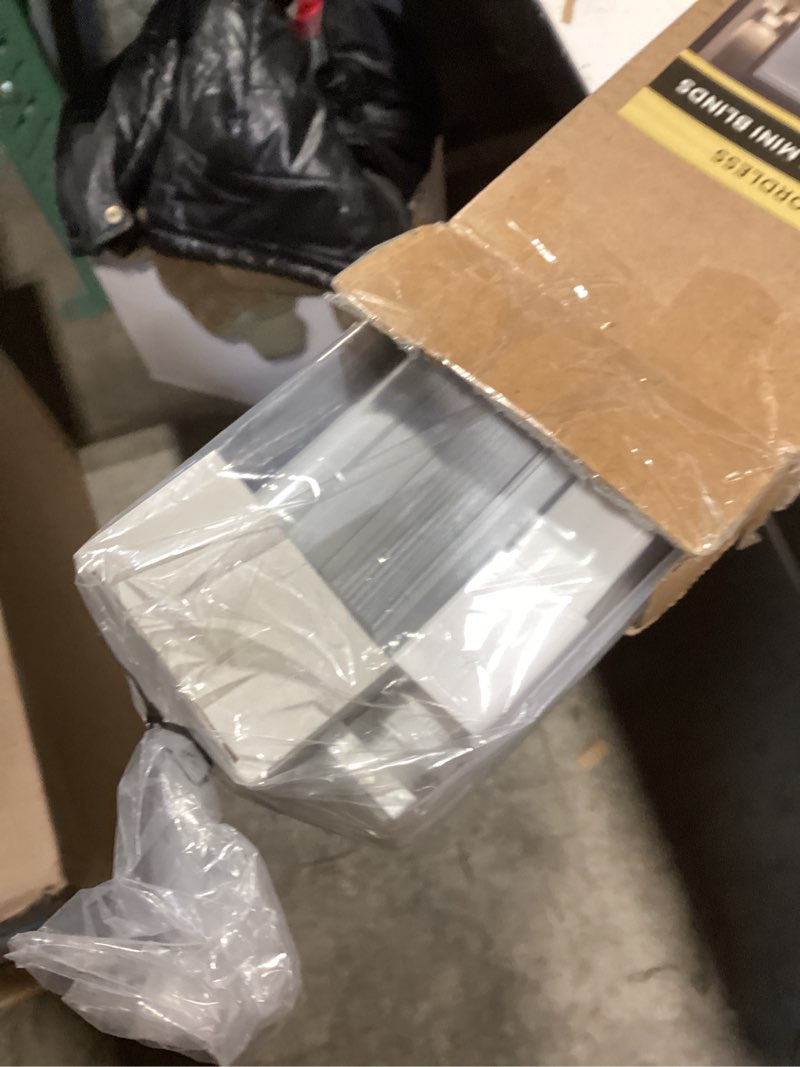 Condition photo showing New/Like New for UNISHADES No Drill Blinds for Windows 1" Aluminum Cordless Mini Blinds L-Shaped Slat 100% Privacy, for Window Size 20" W × 64" H - White White 20" W × 64" H