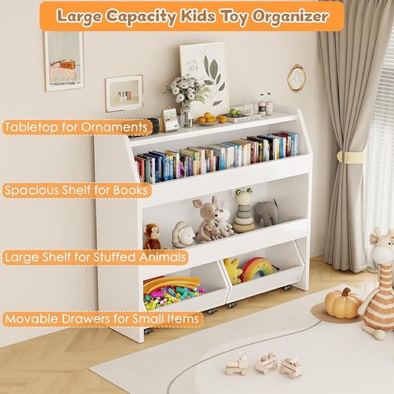 cozpaw toy storage organizer, 3 tier montessori shelf with movable bins (white)
