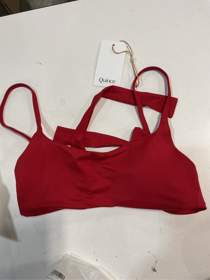 Condition photo showing As Is for quince italian scoop neck bikini top, xs, cherry