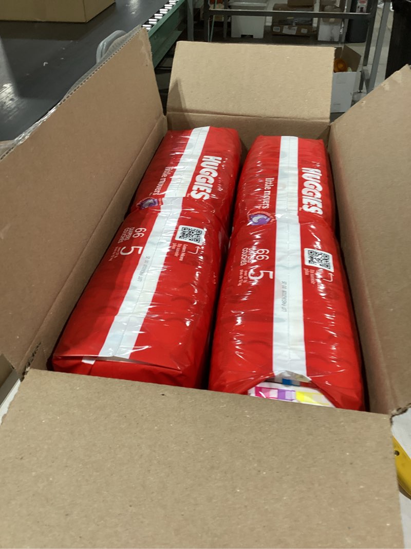 Condition photo showing New/Like New for huggies size 5 diapers, little movers baby diapers, size 5 (27+ lbs), 132 count (2 packs of 66), packaging may vary size 5 132
