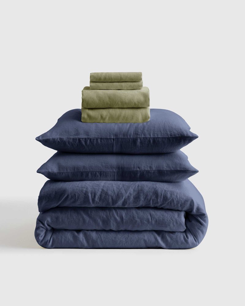 quince european linen deluxe bedding bundle, cal king, indigo blue