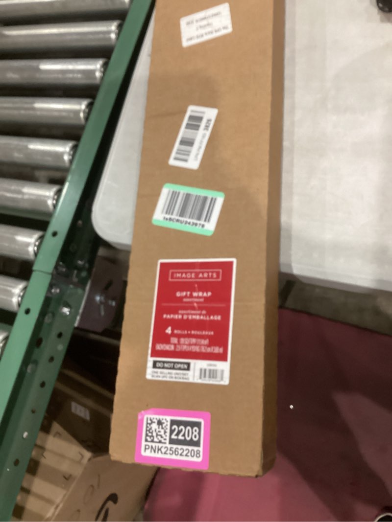 Condition photo showing As Is for Image Arts Blue Christmas Wrapping Paper with Cut Lines on Reverse (4 Rolls: 120 sq. ft. ttl) Snowmen, Snowflakes, Blue and White Stripes Snowman, Snowflakes, Stripes