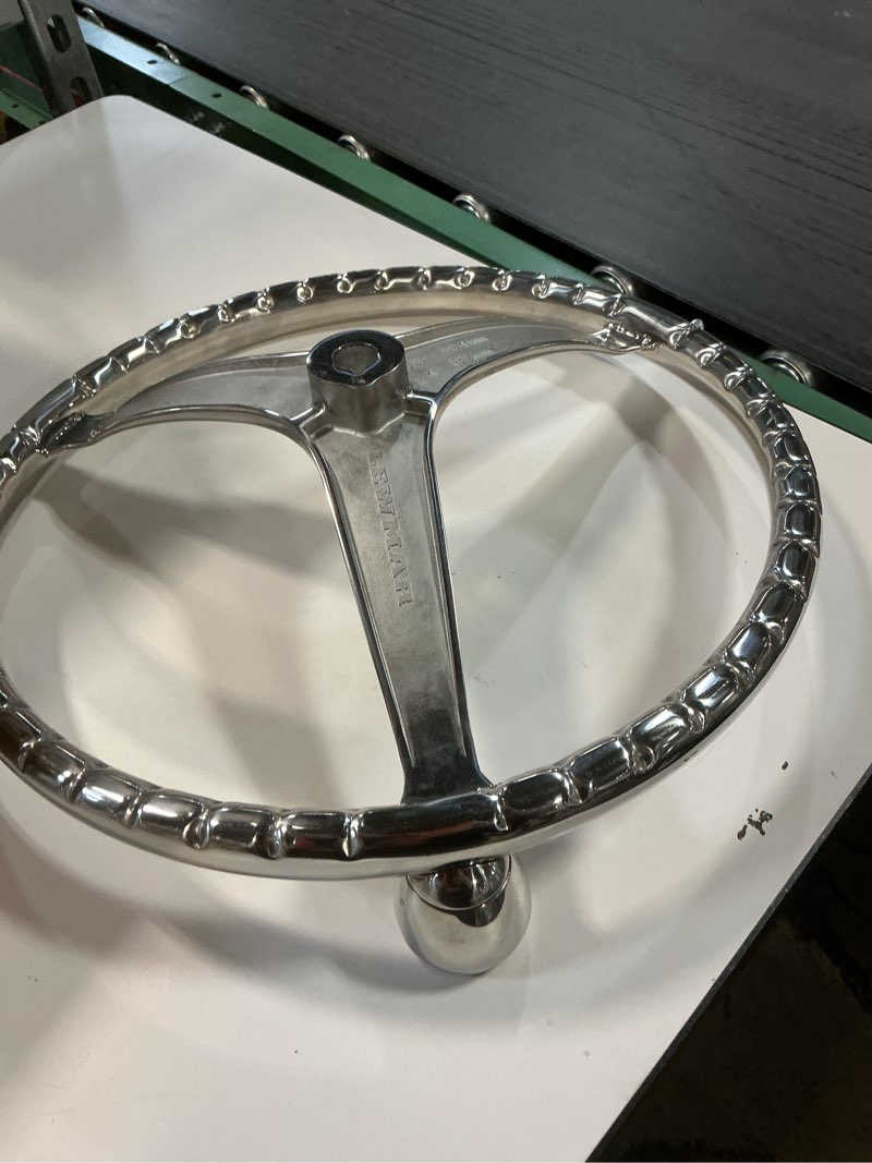 Condition photo showing As Is for Stainless Steel Boat Steering Wheel 3 Spoke 13-1/2" Dia, with 5/8" -18 Nut and Turning Knob for Seastar and Verado (13.5INCH with 5/8NUT