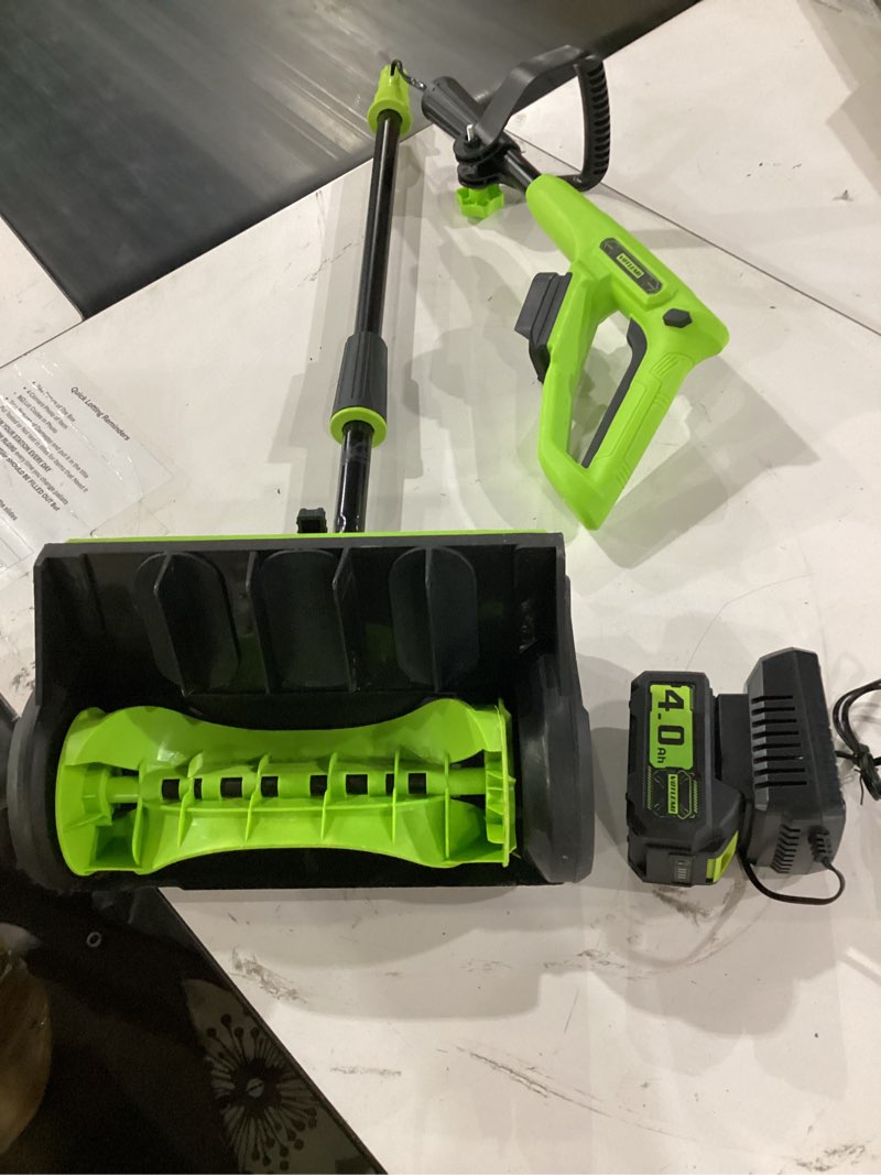 Condition photo showing As Is for not tested**** sn74016 40-volt cordless electric snow shovel, brushless motor, 16-inch width, 300lbs/minute (battery and charger included) 16-inch, 40-volt cordless
