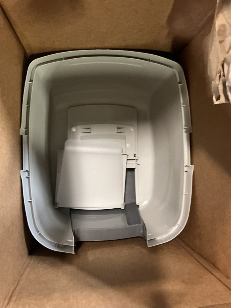 Condition photo showing New/Like New for iris usa cat litter box large with front door flap, covered enclosed litter box enclosure with scoop, handle & buckles for portability & privacy, hidden litter pan, gray jumbo enclosed dark gray w/ scoop