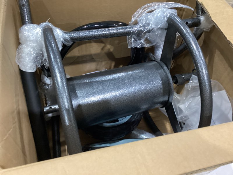 Condition photo showing As Is for backyard expressions 2?wheel garden hose reel cart, portable hand?crank hose reel, rust?resistant hammertone gray finish, brass connectors 2026 2 wheel