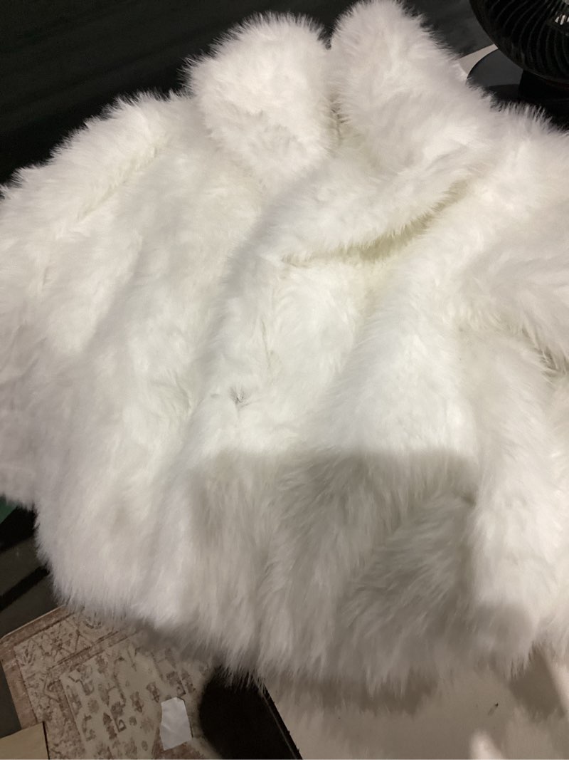 Condition photo showing Good Condition for flygo girls faux fur coat kids fluffy long sleeve lapel collar open front jacket warm winter shaggy outwear with pockets white x-large