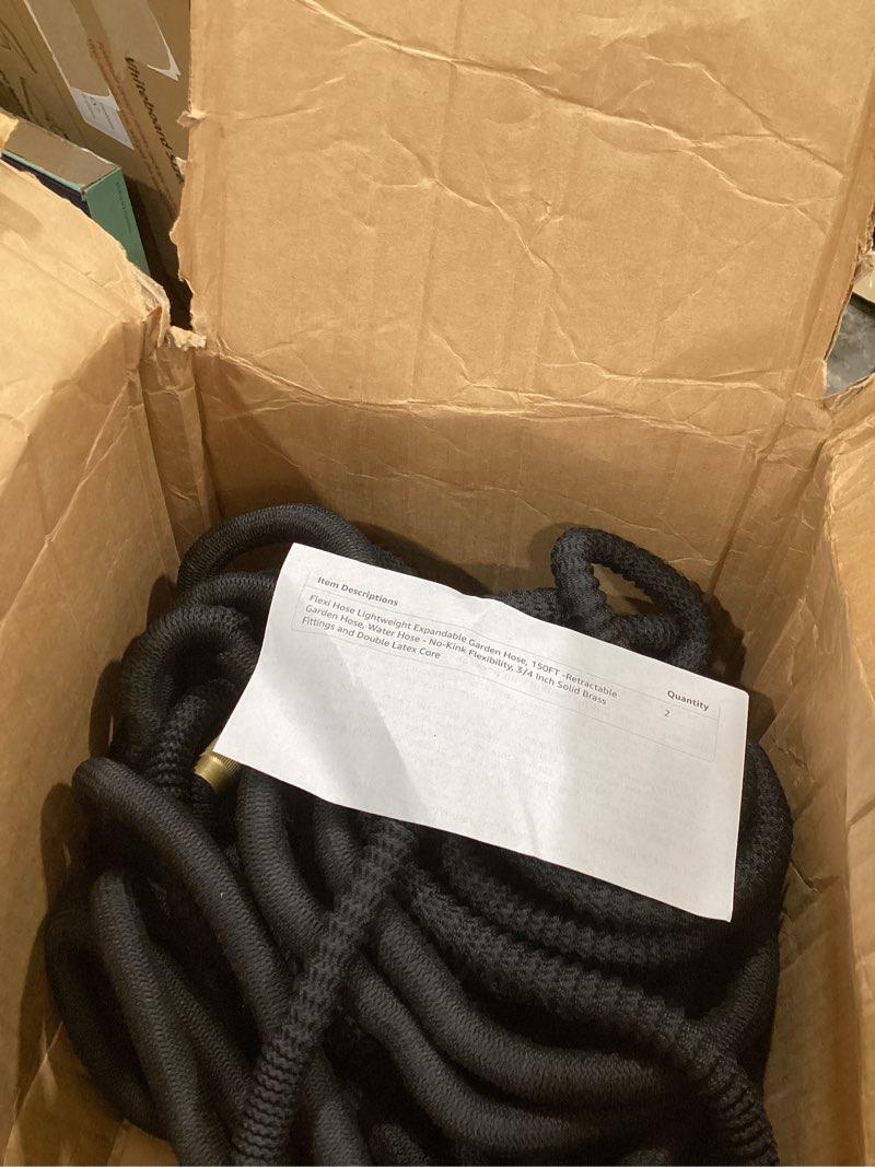 Condition photo showing As Is for flexi hose expandable garden hose with 8 function nozzle, 150ft - lightweight retractable garden hose, water hose - no-kink flexibility, 3/4 inch solid brass fittings and double latex core 150ft black