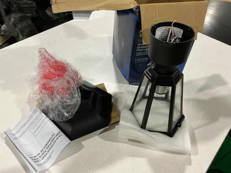 Condition photo showing As Is for project source steinbeck 14.92-in sand black traditional outdoor light post lantern