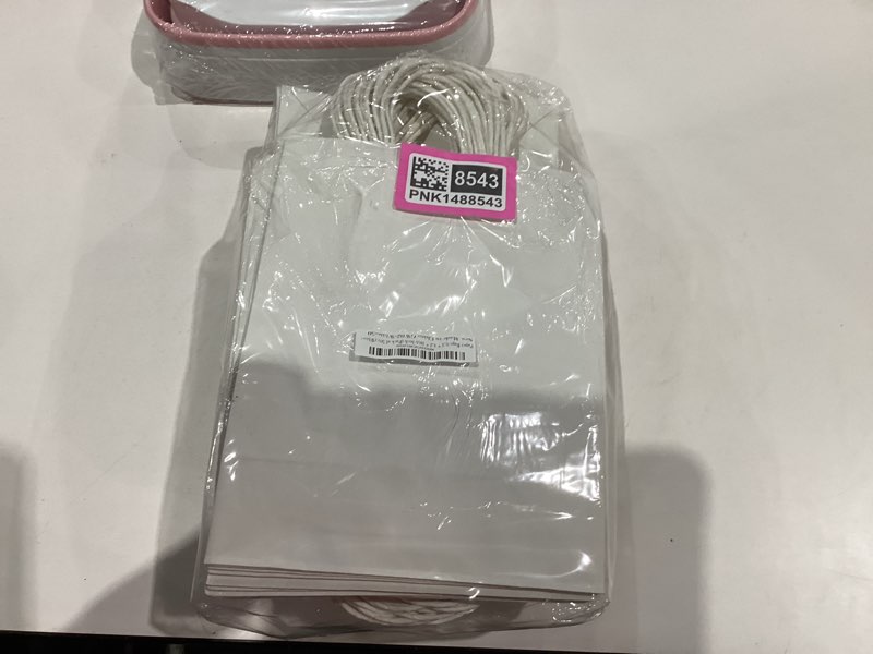 Condition photo showing New/Like New for BAG BOX 50 Pack 8.25x4.3x10.6 Inch White Gift Bags with Handles,Bulk Kraft Paper Bags for Shopping, Retail, Merchandise, Wedding, Party Favors, Paper Grocery Sacks
