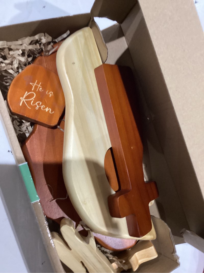 Condition photo showing As Is for he is risen easter decor – wooden resurrection scene with empty tomb, cross & figurines, christian religious tabletop decoration for home, faith easter gift, easter basket stuffer gothiheisrisen