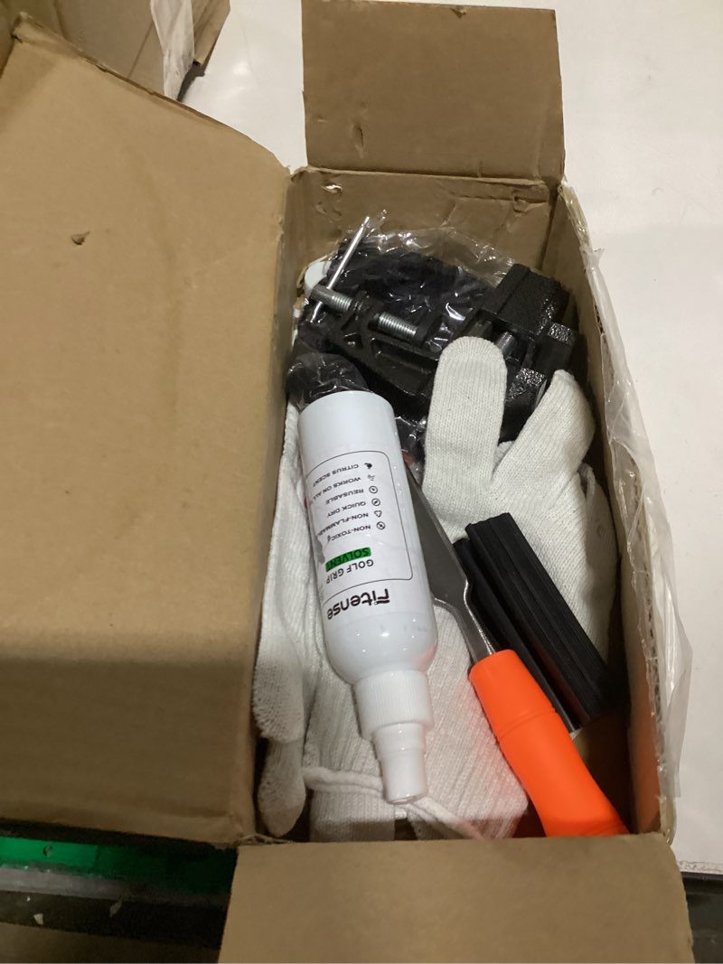 Condition photo showing As Is for golf grip kit for regripping golf clubs-include 20 tapes strips, portable table vise rubber clamp, golf grip removal tool with solvent,golf club replacement kit