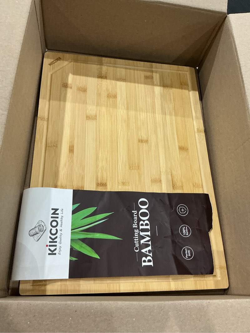 Condition photo showing Good Condition for kikcoin 20”×14” bamboo cutting boards for kitchen, wooden healthy cutting boards for charcuterie, vegetables, cheese, bread, extra large chopping boards with deep juice groove and handle, natural natural 20"l x 14"w