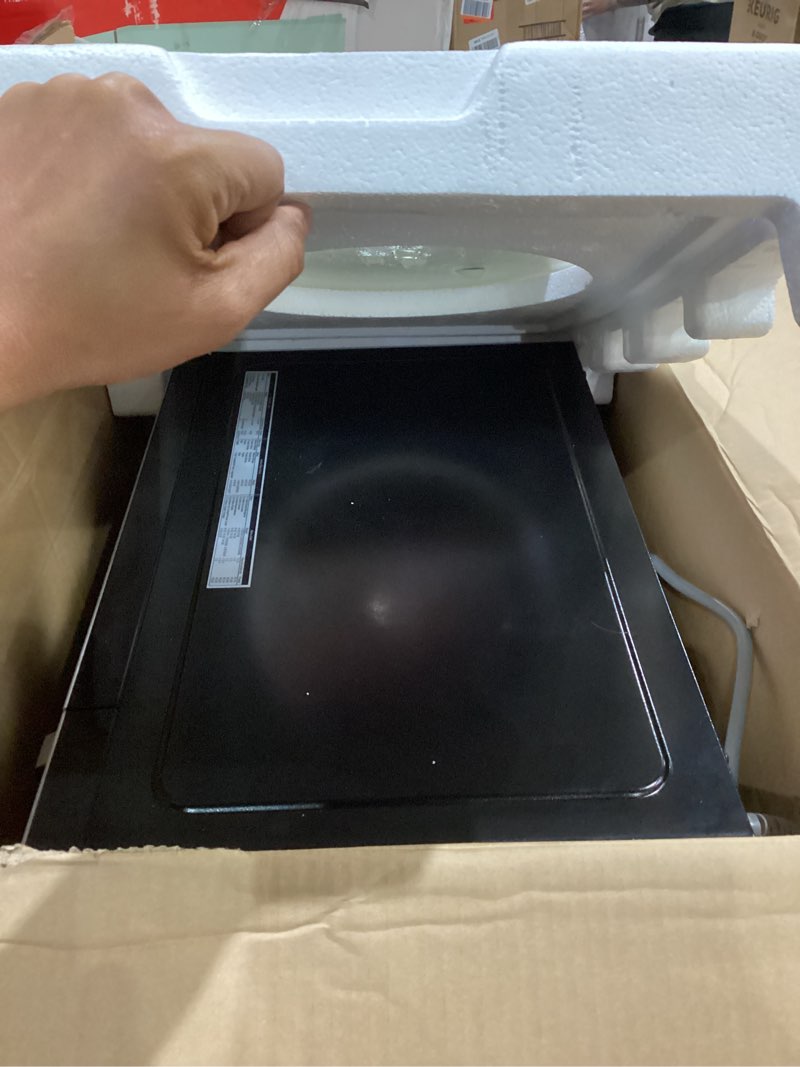 Condition photo showing As Is for toshiba em131a5c-ss countertop microwave ovens 1.2 cu ft with 12.4" removable turntable smart humidity sensor, 12 auto menus mute function eco mode easy clean interior, 1000w, silver 1.20 cu.ft