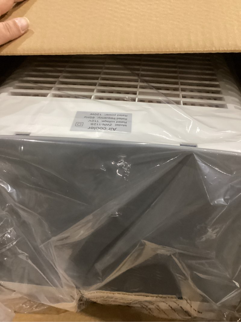 Condition photo showing As Is for flymoon upgraded cooling 10 gallon evaporative air cooler, swamp cooler with 120° oscillation, 7-hour timer, remote control, detachable tank for portable air conditioners, for bedroom, garage 2500cfm