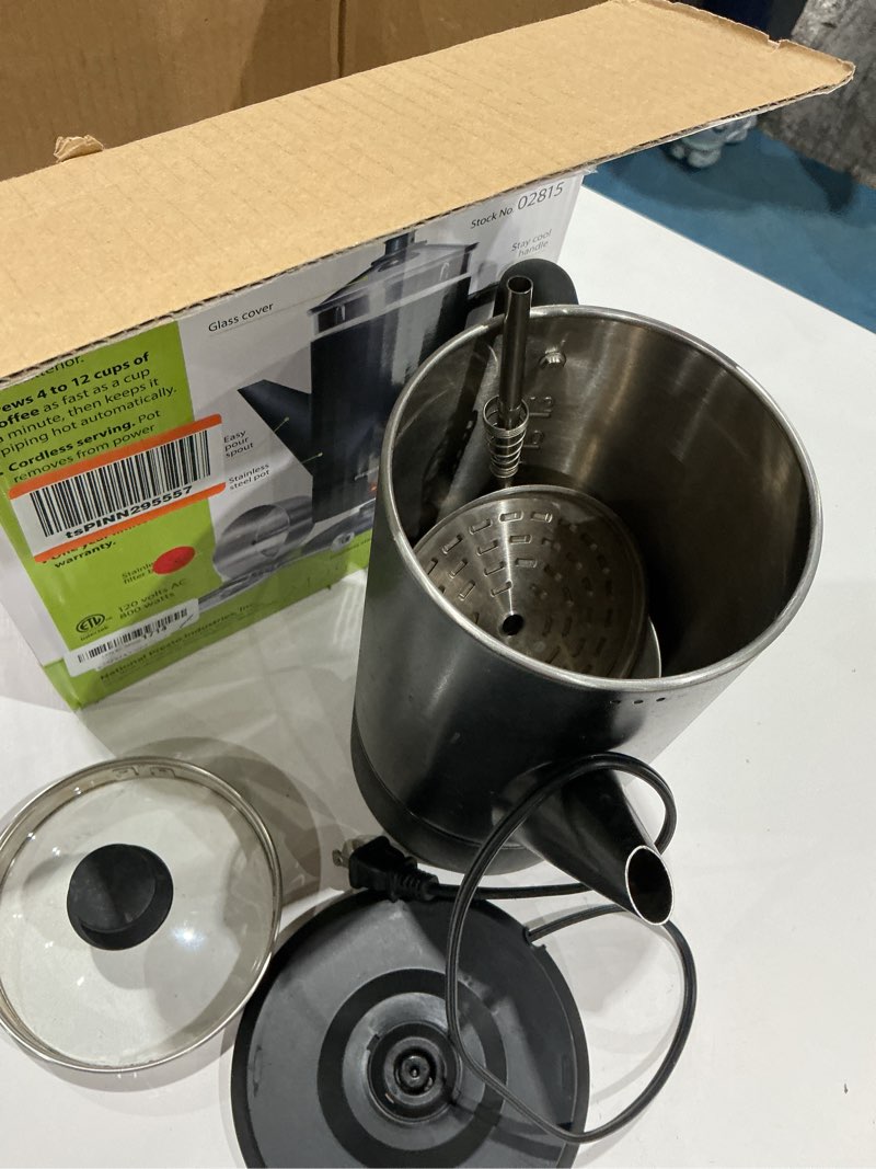 Condition photo showing As Is for presto 02815 12-cup cordless coffee percolator - stainless steel, modern design, easy pour spout, stay-cool handle, matte-black black cordless 12-cups