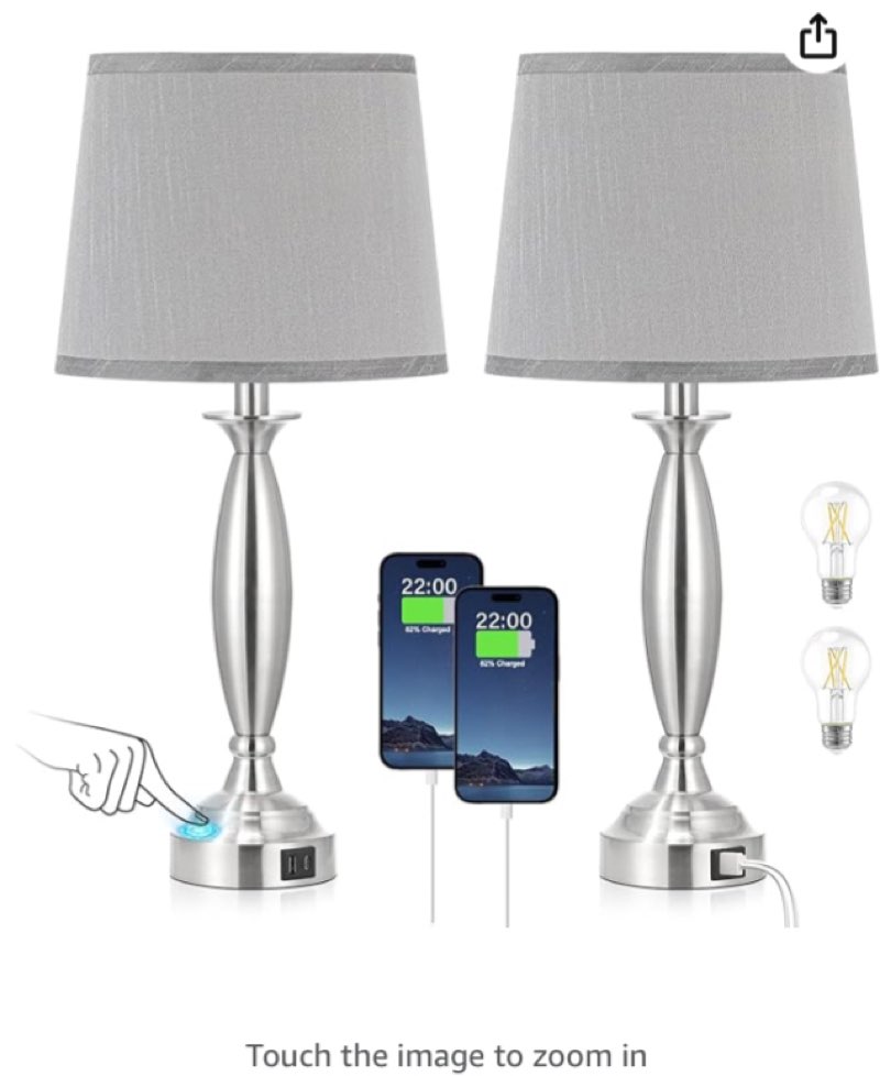 Bedrooms Touch Control Bedside Lamp with USB C+A, 3 Way Dimmable Nightstand Lamps with USB Port, Brushed Nickel Table Lamp for Living Room Guest Room Bed Side End Table, Set of 2