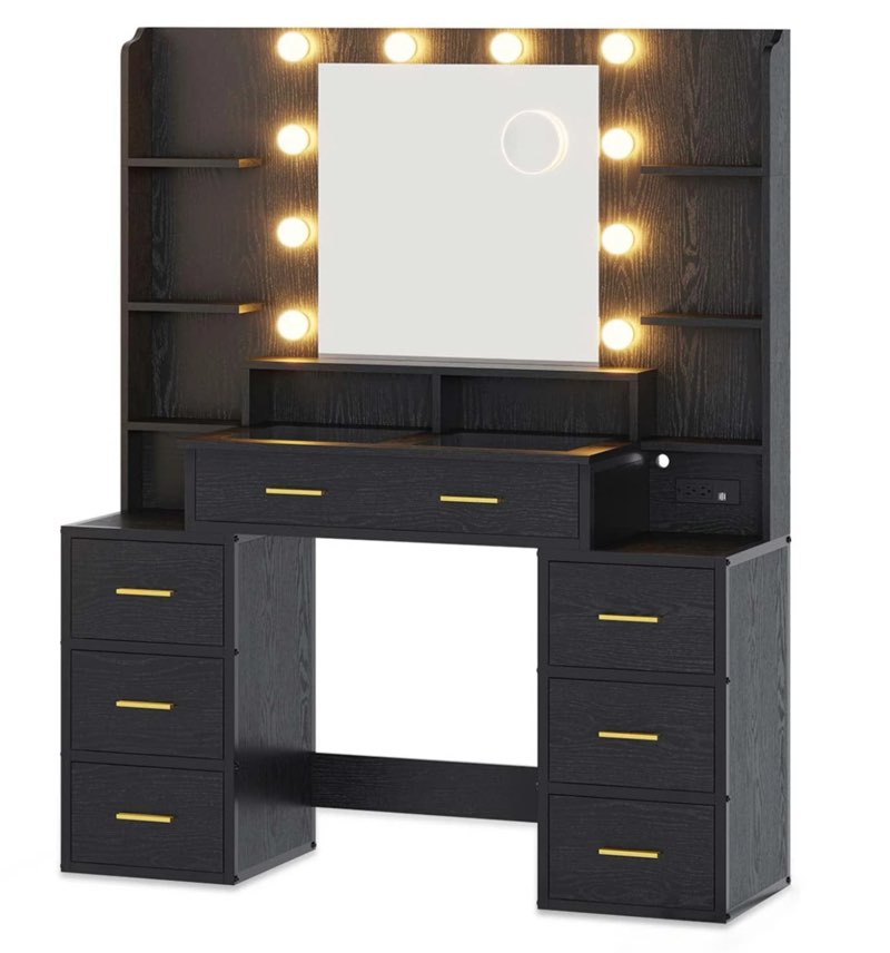 Glass Top Makeup Vanity With Lighted Mirror Black